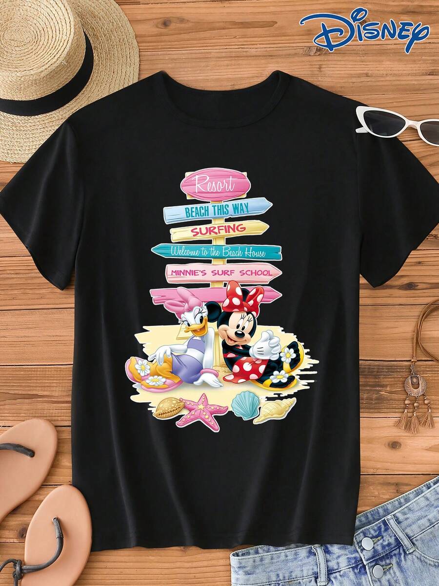 Disney 1pc Women's Cartoon Mouse Print Short Sleeve T-Shirt, Round Neck, Stretchy, Easy Care Material, Suitable For Daily Wear, Fashionable Women's Short Sleeve T-Shirt, Casual Wear - Black - View 1