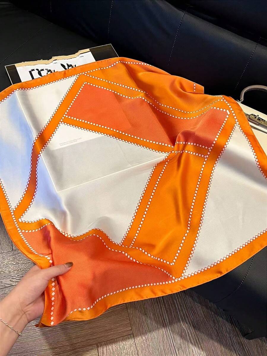 1pc Women's Luxury Color Block Printed Silk Bandana Scarf, For Daily Wear, Great Gift Choice, Spring, Beach, Holiday - Orange - View 1