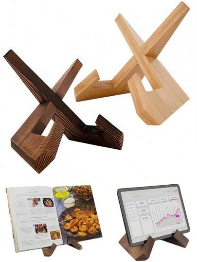 1pc Rustic Wooden Cookbook Stand - Sturdy Recipe Book Holder For Kitchen Counter, Multifunctional Display Stand With Tablet & Cookbook Support, Ideal For Home Kitchen