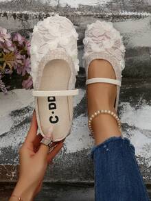 2026新款玛丽珍鞋，蕾丝网面单带套脚鞋，软底闭趾穆勒鞋，适合搭配连衣裙 - 米色 - 查看 3