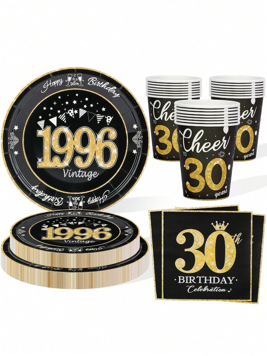 30 pièces/set Fournitures pour fête d'anniversaire de 30 ans, thème vintage 1996 Vaisselle, assiettes, serviettes, gobelets, vaisselle noire et dorée, unisexe - 1966 - Voir 1