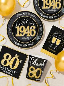 80pcs/Set 80th Birthday Party Supplies, Vintage 1946 Theme Tableware, Plates, Napkins, Cups, Black & Gold Color, Unisex - 1946 - View 3