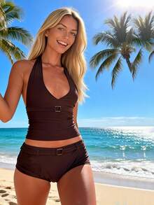 Women's Summer Tankini Swimsuit Set Fashionable Solid Color Halter Tops With Micro Shorts 2Pcs Bathing Suit - Coffee Brown - View 7
