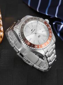 RICECGO 1pc Men's Business Quartz Watch, Featuring Dual-Tone Bezel And Classic Stainless Steel Strap, Suitable For Business And Daily Wear - Silver - View 4