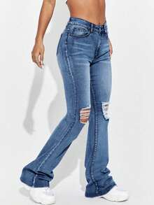 Fashionable High-Waisted Dark Blue Jeans With Pockets - Blue - View 4