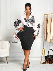 BIUBIU Plus Size Elegant Business Casual 2 Pieces Outfits For Women - Black White Marble Print Wrap Top + High Waist Bodycon Pencil Skirt Set, Summer Work Office Wear Spring - Black - View 8