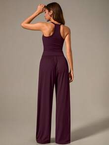 NcmRyu 1 Set Women Spaghetti Strap Ribbed Camisole And Wide Leg Pants Sports Suit - Purple - View 3