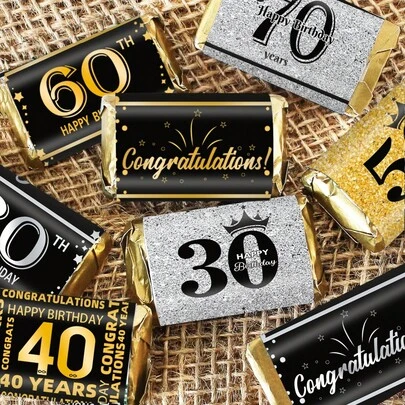 30pcs/5sheets 30th-70th Birthday Mini Chocolate Bar Wrappers Stickers, Black And Golden Birthday Celebration Candy Chocolate Labels Stickers, Party Favor, Birthday Party Decor Supplies Scrapbook Supplies Stationery Funny Stickers