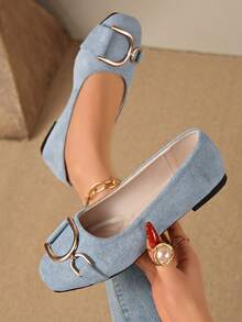 1 đôi giày nữ đế bằng mũi vuông bằng kim loại màu trơn, thời trang, phù hợp cho văn phòng, nhà, phòng tập thể dục, tiệc tùng, đám cưới, kỳ nghỉ, bãi biển, mọi mùa. - Màu xanh nhạt - Xem 3