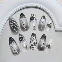 24Pcs Halloween Press On Nails Medium Fake Nails With 3D Silver  Design Black Cat Dandelion Cute Ghost Acrylic False Nails Ginkgo Leaf Y2K Full Cover Stick On Nails For Manicure DIY - Nhiều màu - Xem 4