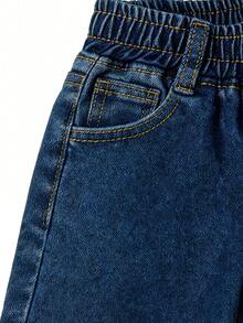 0-3 Years Old Infant Toddler Summer Soft Denim Straight-Leg Pants, Children's Casual Home Jeans, Dark Blue, Loose, Breathable, Skin-Friendly, Elastic Waistband, Versatile Casual Long Pants, Daily Outing Baby Pants For School Start, Best Summer Gift - 深藍 - 查看 7