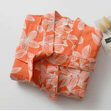 提花腰带睡袍，女士棉质花卉开襟浴袍，中长款睡衣连衣裙，轻薄休闲家居服 - 橘色 - 查看 2