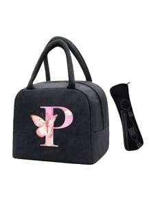 Pink Butterfly & Letter Pattern Insulated Lunch Bag, Thermal Lunch Box, Suitable For Students, Office, Camping, Picnic, School, University, Lightweight Portable Canvas Lunch Storage Bag - Multicolor - View 35