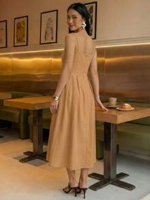 A&DD MODA,REF:MK09 - Women's Midi Dress With Elastic Straps And Pockets, Lightweight And Breathable Summer Dress Made Of Linen Fabric, Sweet And Slim Square Neckline, Sleeveless, Fitted Waist And A-Line Skirt, Suitable For Women - 棕色 - 查看 6