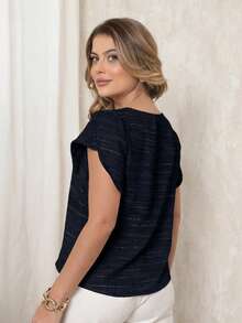 Aletheia - Blusa Feminina Manga Tulipa em Poliéster com Viscose Leve Elegante e Confortável Modelagem Solta Casual Chic - Azul Marinho - Visão 4