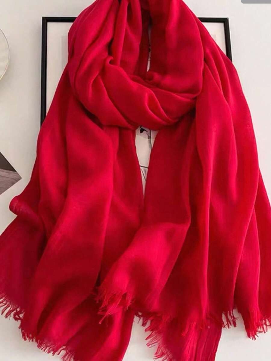 1 chiếc khăn choàng giả lanh màu trơn 120g có tua rua, quà tặng du lịch, khăn choàng đan bằng tre dành cho nữ - Đỏ - Xem 1