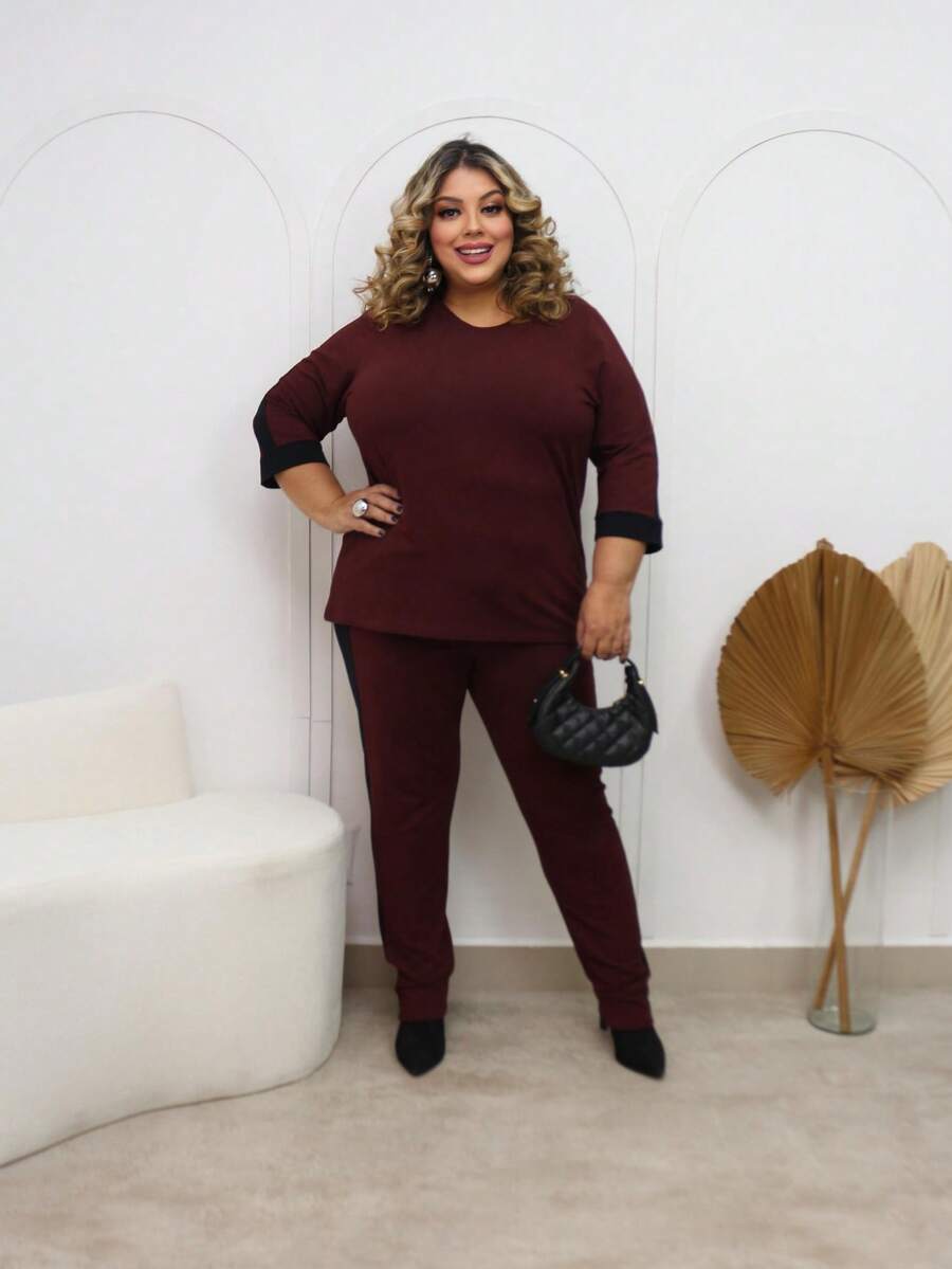 Women's Plus Size Fleece Set For Winter 2026 - Elegant, Sizes GG To G3. Includes A Short-Sleeved Sweatshirt And High-Waisted Fleece Pants With Pockets. - 酒紅色 - 查看 1