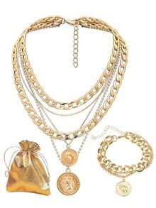 1 Set/3pcs Gold Punk Style Exaggerated Layered Pirate Necklace & Bracelet Set For Women - Multicolor - View 5