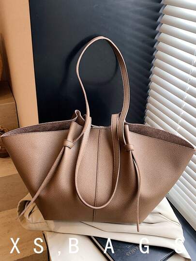 Low Tea 2pcs Solid Color PU Leather Shoulder Bag Women Casual Large Capacity Tote Bag, Book Bag With Double Handles And Snap Closure, Suitable For Travel, Shopping, Dating, Women's Gift, Suitable For Teen Girls, College Students, And Office Ladies, Ideal For Office, School, Work, Business, Commuting, Outdoor, Travel, Outing
