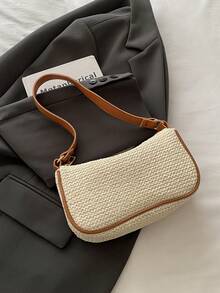 New Woven Straw One Shoulder Bag, Fashion Underarm Bag, Beach Vacation Baguette Bag For Women - Beige - View 6