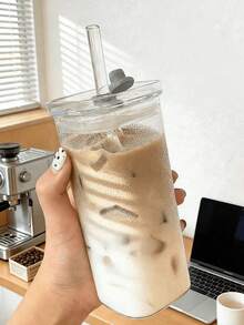 1个400毫升方形耐热玻璃杯，带盖和吸管，透明饮水杯，适用于茶、果汁，家庭酒吧、办公室、学校用品，新年、情人节、母亲节、父亲节、夏季、毕业季、返校季礼物 - 彩色 - 查看 8