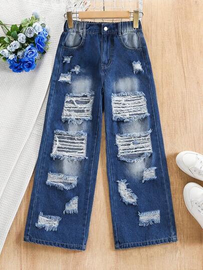 Tween GirlsY2K Casual Street Style Vintage Distressed Loose Wide Leg Jeans With Pockets, Suitable For Spring, Summer, Autumn
