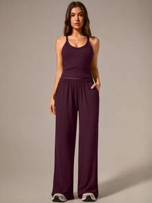 NcmRyu 1 Set Women Spaghetti Strap Ribbed Camisole And Wide Leg Pants Sports Suit - Purple - View 5