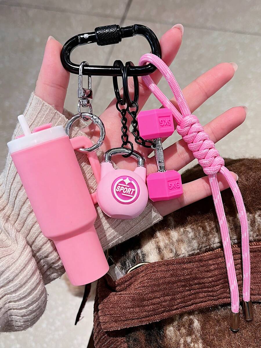 1件套全新DIY编织绳钥匙扣套装，黑粉色包包挂件套装，DIY手工组装健身系列橡胶钥匙扣，高颜值杠铃迷你哑铃挂件包包装饰，礼品配件，适合装饰包包、钱包，钥匙扣挂件，情人节礼物（女士），新年礼物（男士），教师节礼物，女友礼物 - 彩色 - 查看 1