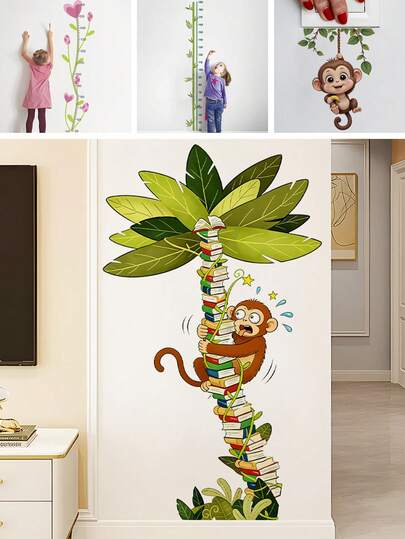 BRUP 1/2 Sheets/Set Surprised Monkey With Book Tree Wall Sticker, Cute Cartoon Animal Hugging Stack Of Books With Green Leaves,Kids Growth Chart Wall Decal For Kids Room Or Nursery Removable Peel And Stick, Jungle Storybook Theme Art,Educational Height Measurement Theme Art