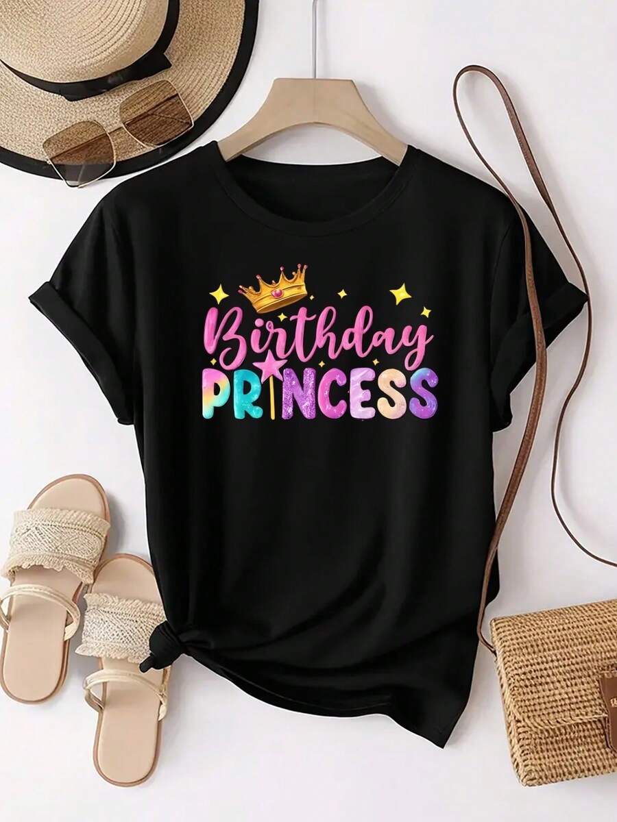 Plus Size-Birthday Princess Print, Adorned With Crowns And Stars, Colorful. Unique Pattern Print Casual Everyday Round-Neck Short-Sleeve Fashion Sports T-Shirt, Comfortable Top For Women-1XL-5XL - 黑色 - 查看 1