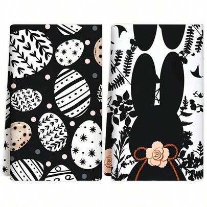2pcs Easter Bunny & Egg Kitchen Towels, Holiday Decorative Hand Towels, Soft Absorbent Drying Cloth, Kitchen Decor, Dining Table Decor, Kitchen Supplies, Home Decor