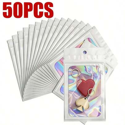 50 piezas/paquete Bolsas de almacenamiento de joyas de PVC, bolsas de empaque transparentes plateadas con láser, bolsas sellables, bolsas de joyas de unicolor minimalista, adecuadas para pulseras, regalos para el hogar en el Día de San Valentín