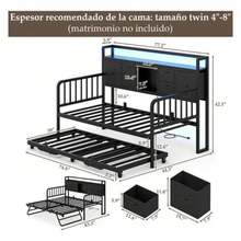 Litera Individual Con Cama Extra Con Cabecera + Enchufe, no Necesita somier, fácil Montaje - Negro - Ver 2