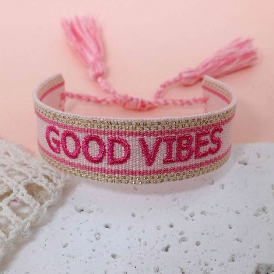 1pc Fashion Handmade Woven Adjustable Size Vintage Tassel Boho Bracelet, Suitable For Women Party, Travel, Daily Wear, Hand Rope - Pink - View 1
