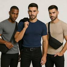Kit Of 3 Men's Ribbed T-Shirts, American Slim Fit, 100% Cotton - Beige, Navy Blue and Gray - View 6