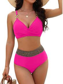 Womens High Waisted Bikini Sets Tummy Control Colorblock Swimsuits Modest Metal Two Piece Bathing Suit - Màu Đỏ Sâu - Xem 7