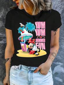 Disney IP Authorized Minnie Mouse Graphic Print Short Sleeve T-Shirt, Round Neck, Stretchy, Easy Care Material, Suitable For Daily Wear, Fashionable Women's Short Sleeve T-Shirt, Casual Wear - Black - View 3