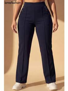 Pantalón de vestir mujer cintura alta pierna ancha stretch crepé casual elegante para oficina reuniones eventos bolsillos pretina elasticada botón forrado antiarrugas sin transparencia suave - Azul Marino - Ver 5