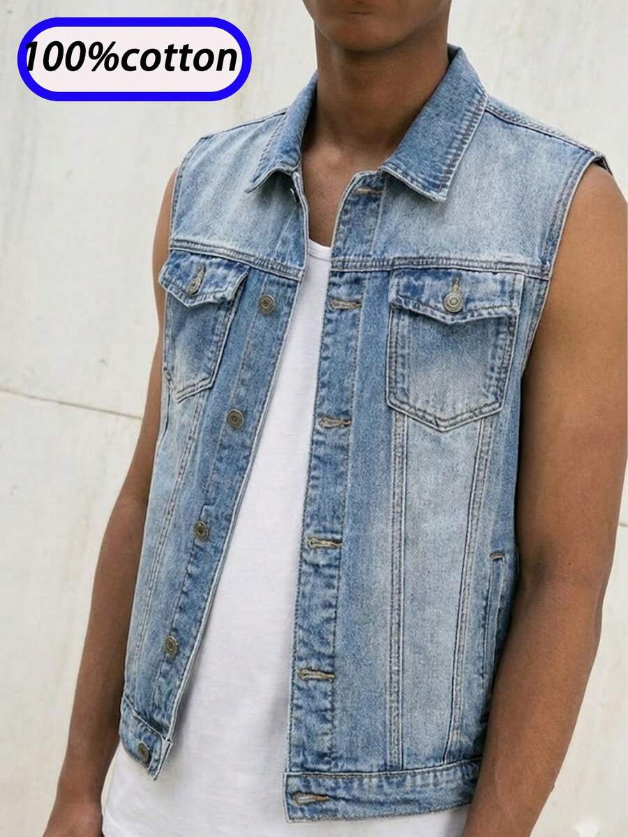 Men's Sleeveless Ripped Denim Vest - Casual Street Style Jacket, Lapel Design, Button Front, Chest Pocket, Suitable For All Seasons, Rugged Denim Style | Durable Ripped Denim Jacket | Sleeveless Jacket | Streetwear - 藍色 - 查看 1