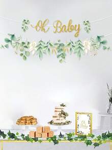 1件“Oh Baby”绿色叶子图案纸质横幅，婴儿派对悬挂装饰，春季悬挂旗帜，生日装饰，性别揭晓派对用品，春季主题派对用品，节日派对用品，一周岁生日派对装饰 - 彩色 - 查看 5