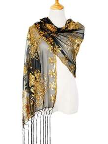1 pièce/Châle brodé transparent pour femmes, design de chrysanthème doré avec paillettes et franges, vêtement d'extérieur léger et translucide, convient pour la mariée, la demoiselle d'honneur, le mariage, la soirée, la fête de cocktail, l'assortiment de robe de bal - Multicolore - Voir 9