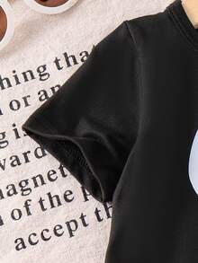 女婴休闲套装（两件套）：蝴蝶结印花黑色圆领短袖T恤上衣和蝴蝶结镂空爱心字母印花弹力腰浅色牛仔长裤 - 黑色 - 查看 4