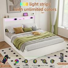 Double Ottoman Bed Frame 135*190 Cm With Charging Station & LED Lights, Upholstered Platform Bed Frame With Under-Bed Storage And Storage Headboard, No Box Spring Needed,White - UK Plug(220-240V) - View 8