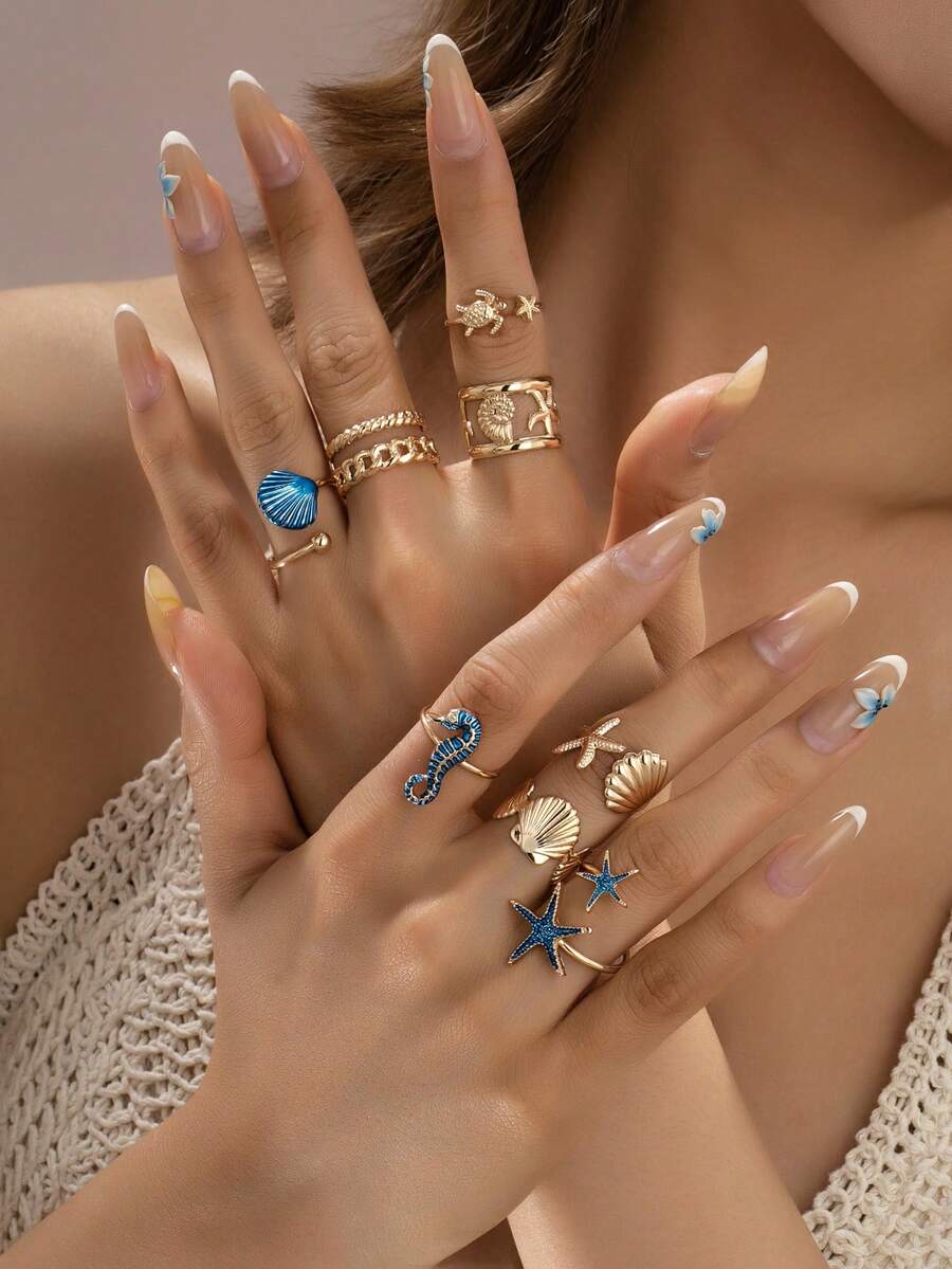 8pcs/Set Summer Ocean Style Turtle & Starfish Stackable Rings, Bohemian Rings Set For Women, Matching Bikini Swimwear For Beach Vacation - Multicolor - View 1