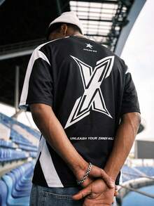 EVRINFINITE Men's Street Style Sporty Numeric Print Pattern T-Shirt, Flat Knit Fabric - Black - View 1