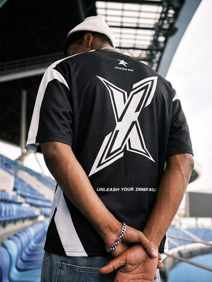 EVRINFINITE Men's Street Style Sporty Numeric Print Pattern T-Shirt, Flat Knit Fabric - Black - View 1