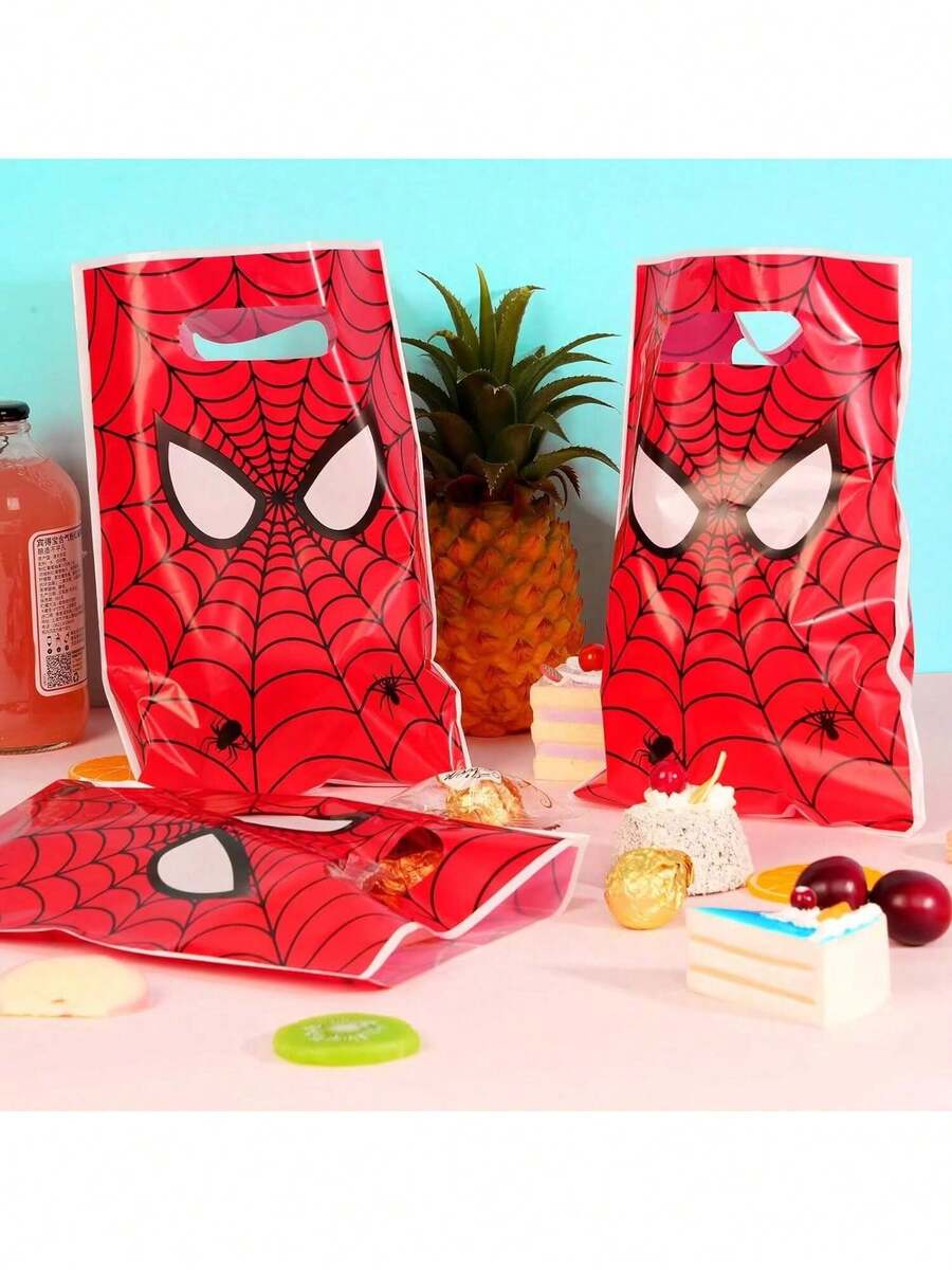 10pcs/Set [Spider Man Universe Play Style] Spider Web Pattern Plastic Tote Bag Set Red Background Black Pattern Birthday Party Companion Gift Bag New Year's Gift, Valentine's Day Gift, Easter Gift - Multicolor - View 1