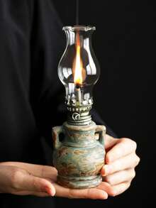 1pc Ceramic Kiln-Fired Glaze Oil Lamp With Handle And Lampshade, Adjustable Wick Camping Fuel Lamp, Indoor Ceramic Oil Lamp Candle Holder, Kerosene Lamp With Wick, Oil Lamp/Hurricane Lamp With Flame Control Knob - 1PC - View 3