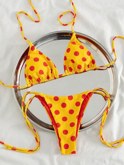 Women's Sexy & Fashionable Cute New 2-Piece Polka Dot Print Halter Tie Bikini Swimsuit Set, Suitable For Beach, Vacation, Travel, And Dates, Spring/Summer