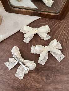 1-10个装 超仙气蕾丝蝴蝶结发夹 女士洛丽塔侧夹 刘海夹 甜美马尾夹 - 蕾絲-雙層米色髮夾 - 查看 9